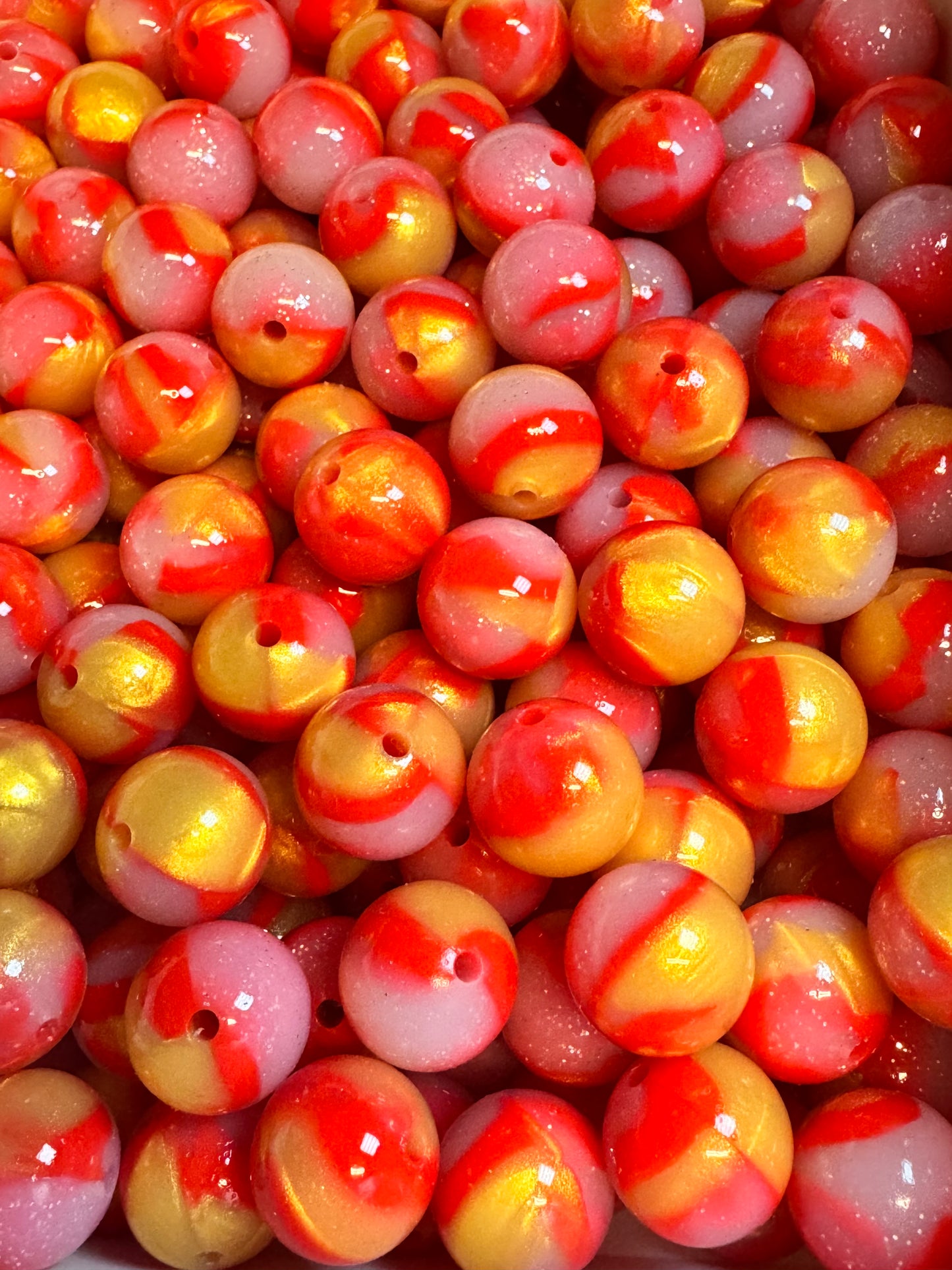 Red and Gold Swirl 15mm Jelly Silicone Glitter Bead