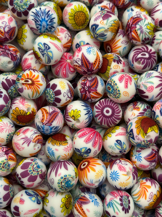 Bright Floral Sanctuary Printed 15mm Silicone Bead