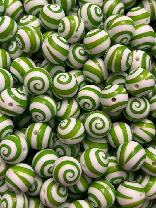 Green Swirl Print 15mm Printed Silicone Bead