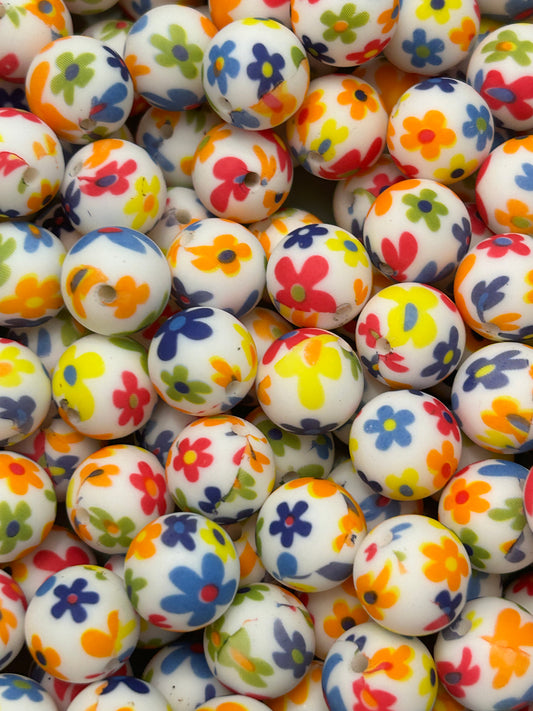 Flower Power Printed 15mm Silicone Bead