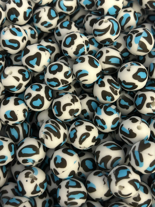 Blue Spotted Leopard Printed 15mm Silicone Bead