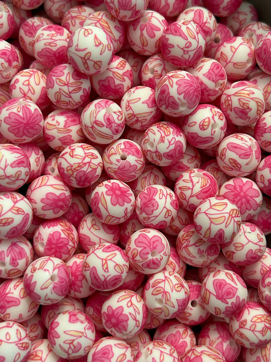 Hot Pink Floral Print 15mm Printed Silicone Bead