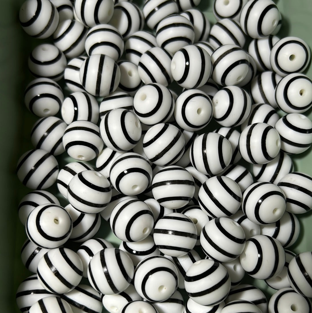 White and Black Striped 15mm Printed Silicone Bead