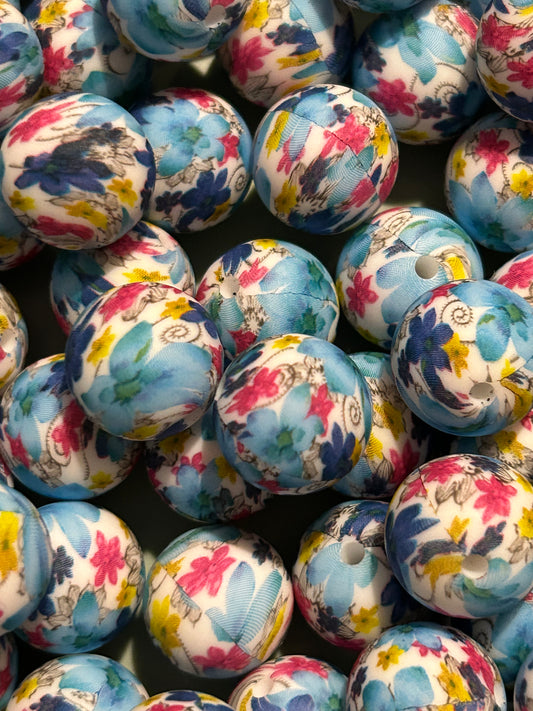 Blue Wildflowers 15mm Printed Silicone Bead