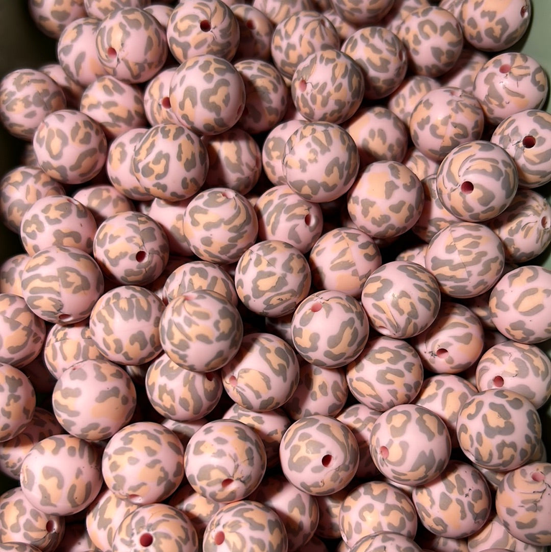 Pink Leopard 15mm Printed Silicone Bead