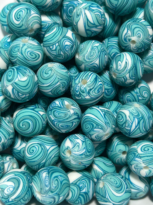 Blue Swirly 15mm Printed Silicone Bead