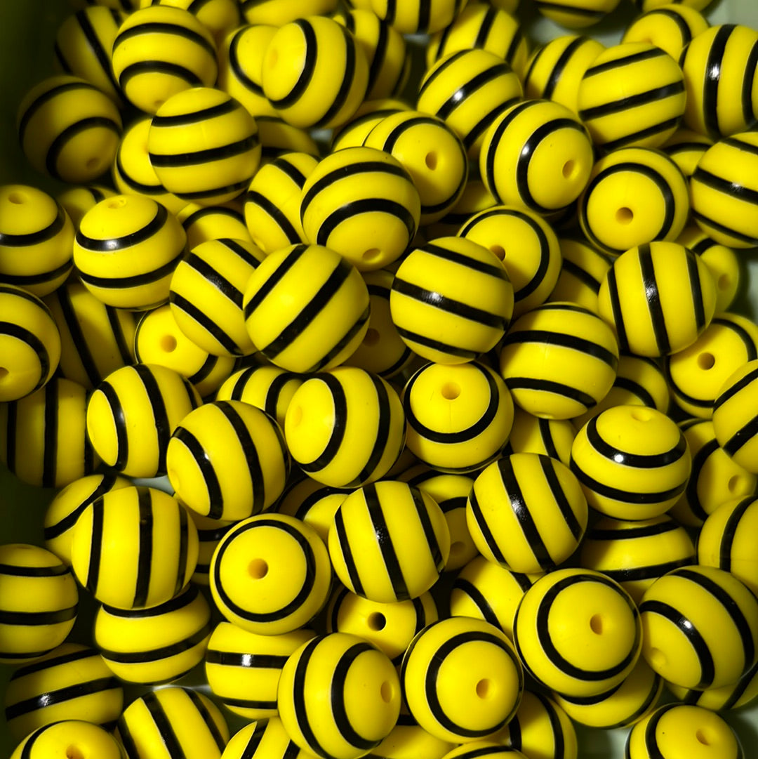 Yellow and Black Striped 15mm Printed Silicone Bead