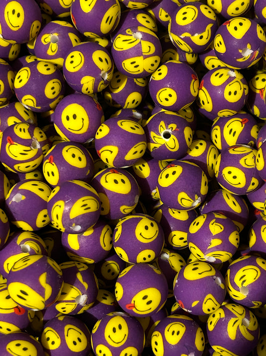 Purple Smiley Print 15mm Printed Silicone Bead